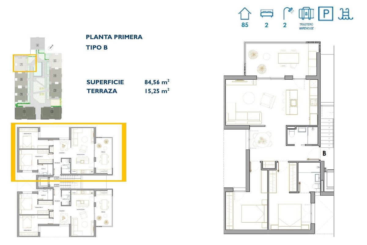 Alternatieve plattegrond voor een 2-slaapkamer appartement in een complex in San Pedro del Pinatar met ruime woonruimtes.