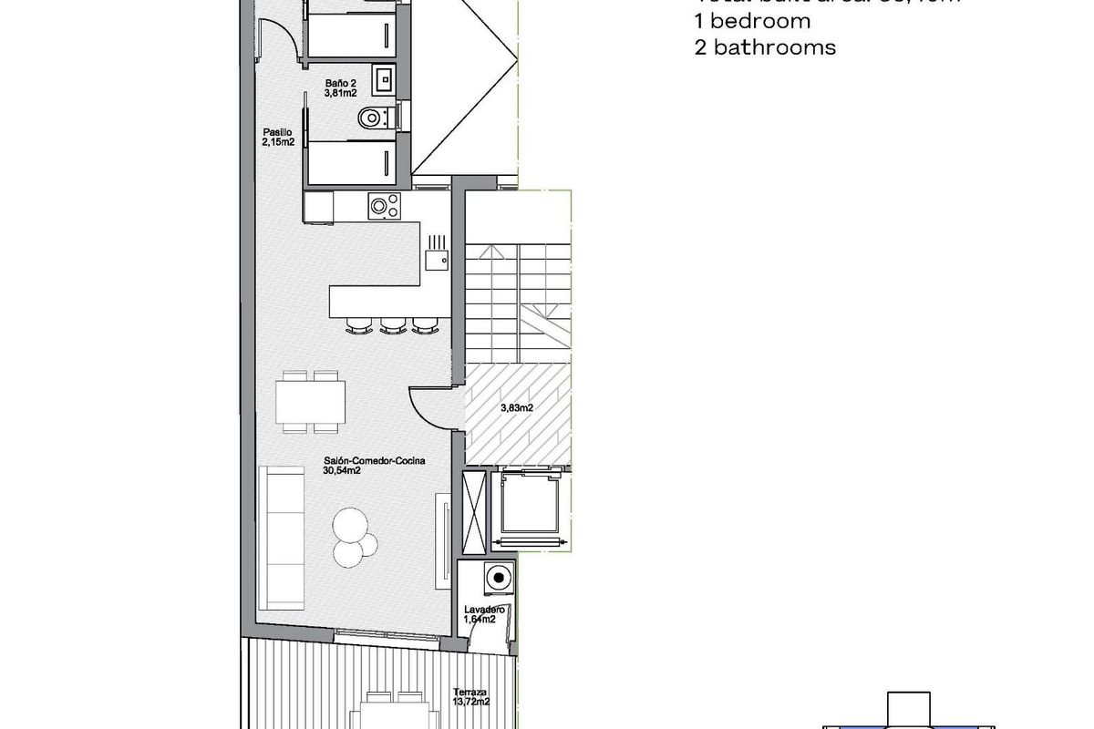 Gedetailleerde plattegrond van de 1-slaapkamer penthouse, met indelingskenmerken in Torrevieja.