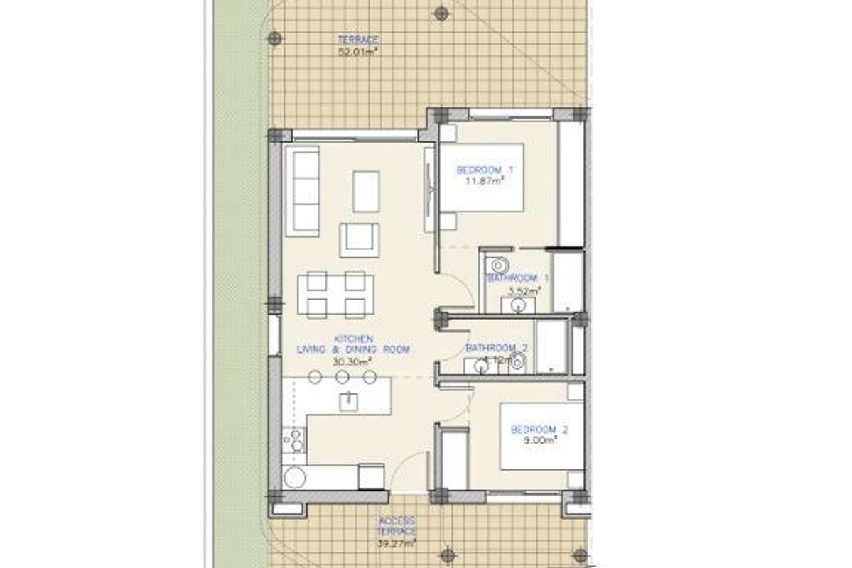 Een andere plattegrond van een 2-slaapkamer appartement in Los Alcazares, met indeling van de kamers.