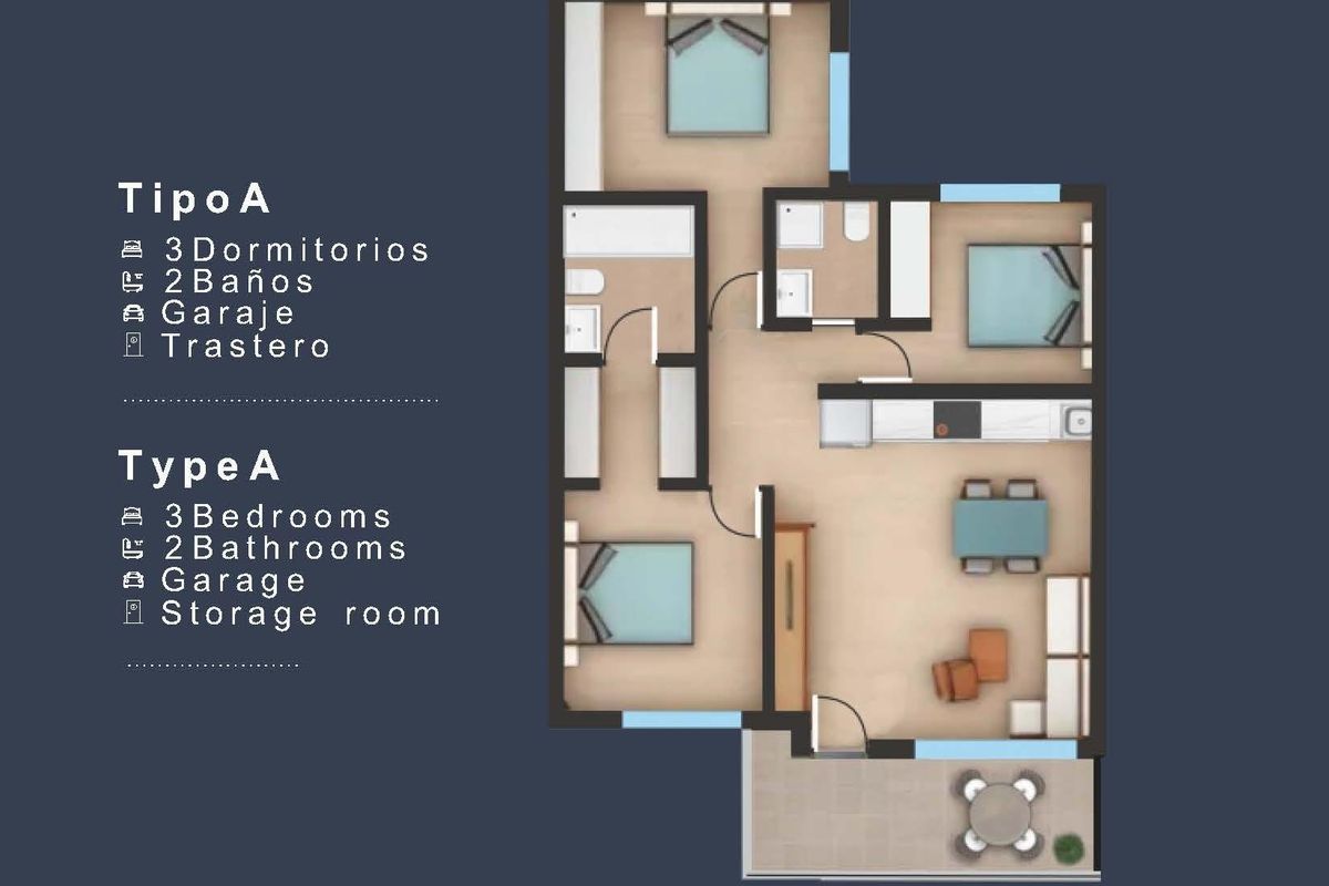 Plattegrond van een 3-slaapkamer bungalow die de indeling toont, inclusief 2 badkamers en een garage in San Pedro del Pinatar.