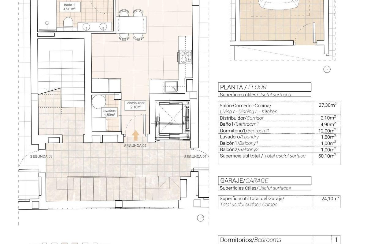 Plattegrond van een 1-slaapkamer appartement met woonruimte en garage in Hondón de las Nieves, Spanje.