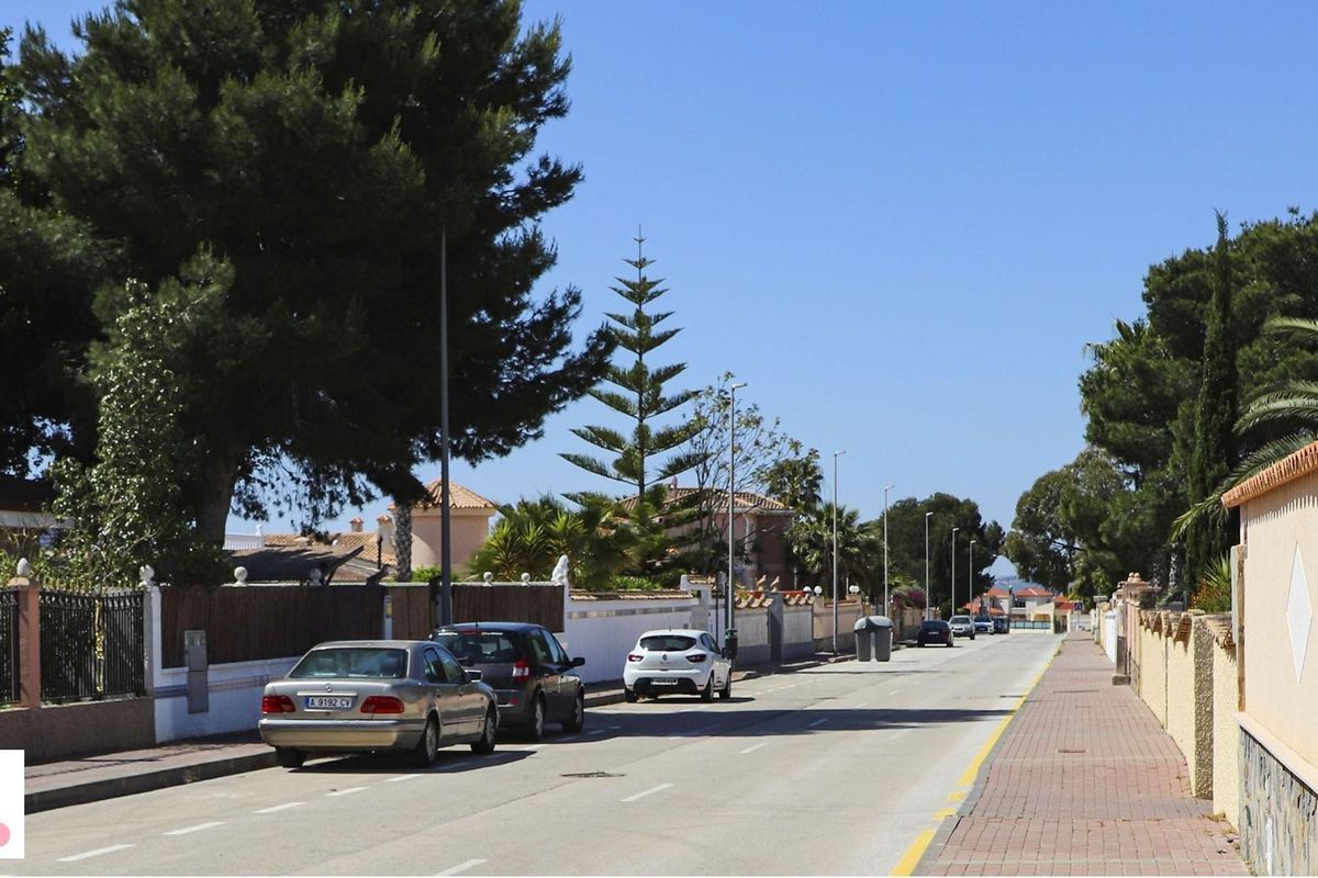 Rustige straatzicht van de buurt in San Fulgencio, Costa Blanca Zuid, Spanje, met lokale bomen.