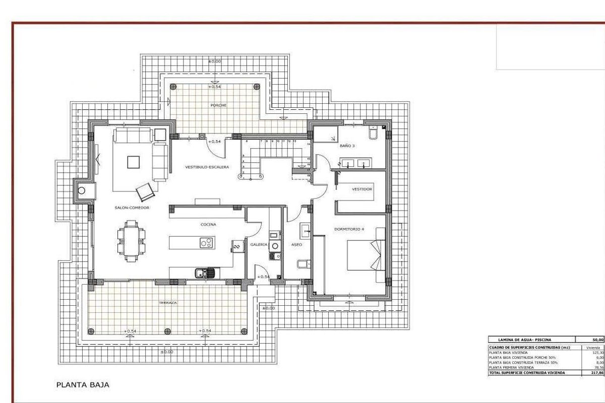 Plattegrond van een villa met 4 slaapkamers in Pinoso, met ruime slaapkamers en een open keukenindeling.