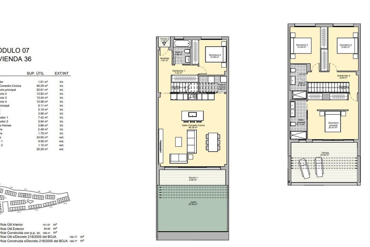 Gedetailleerde plattegrond van een 4-slaapkamer townhouse in Mijas, Costa del Sol, die de indeling en kamerafmetingen toont.