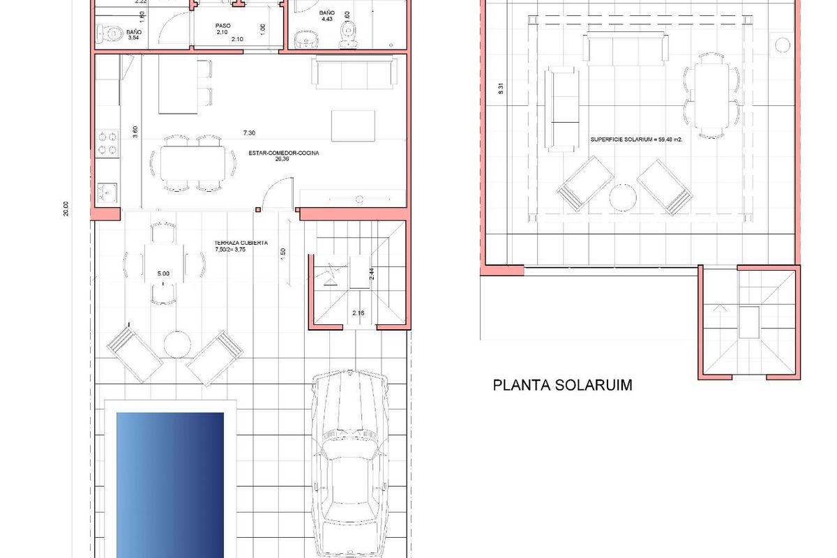 Plattegrond van een 2-slaapkamer townhouse in Fuente Álamo, Costa Calida, met indeling en zwembadgebied.