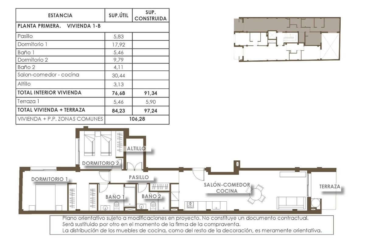 Plattegrond van een 2-slaapkamer appartement in Torrevieja, met een overzicht van de indelingen en afmetingen.