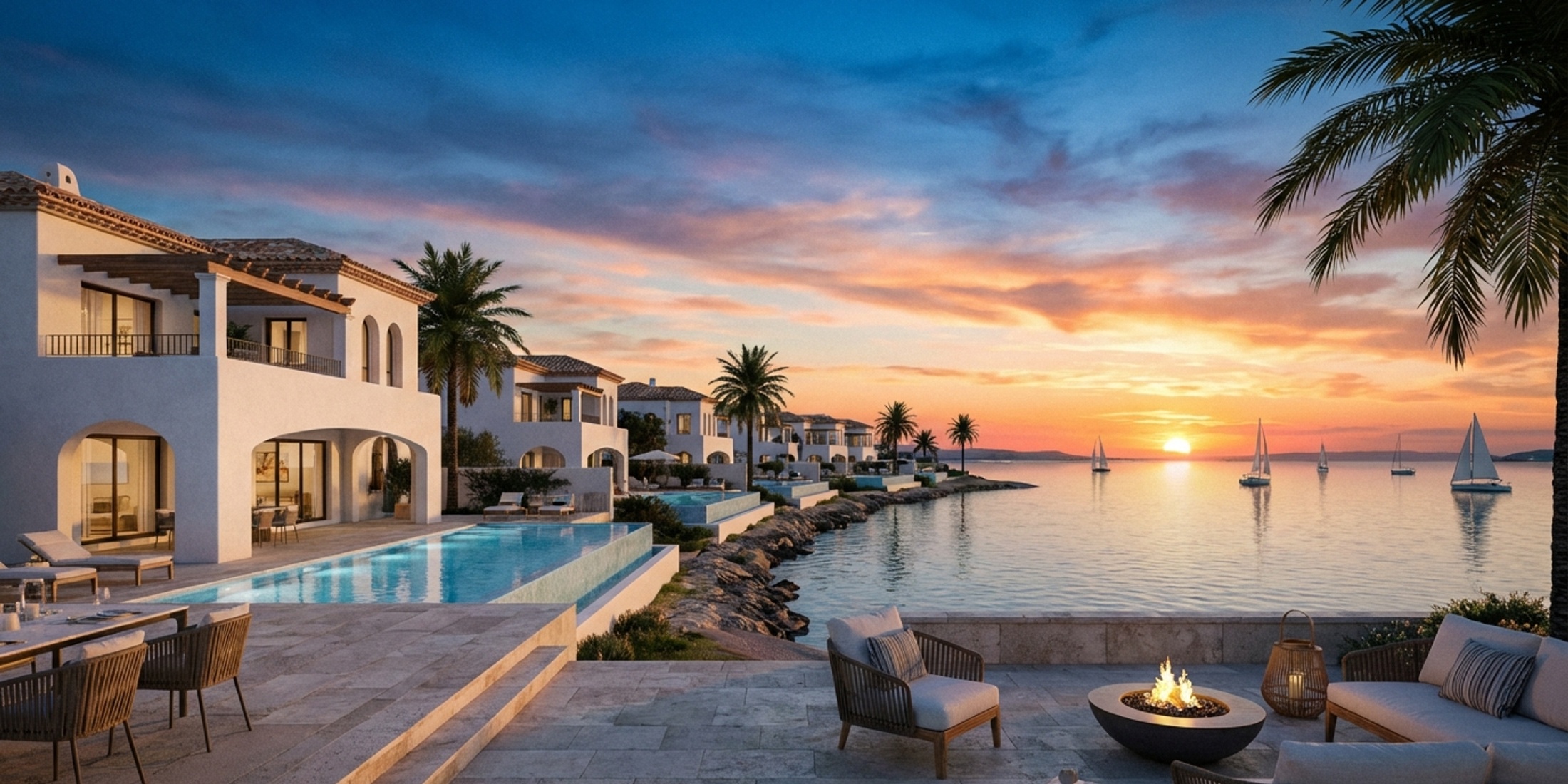 Panoramisch uitzicht op de kustlijn van de Mar Menor bij zonsondergang