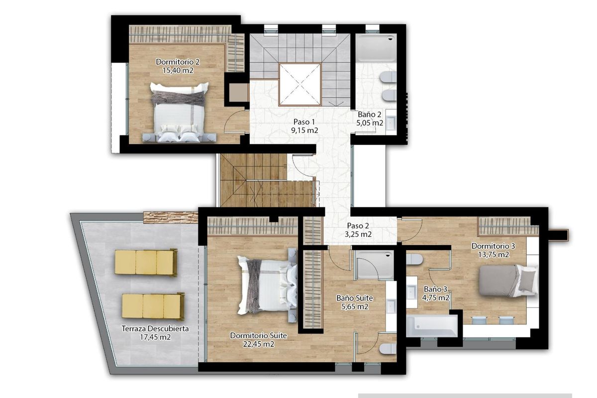 Eerste verdieping lay-out van een 4-slaapkamer villa in La Nucia, met slaapkamers en terras.