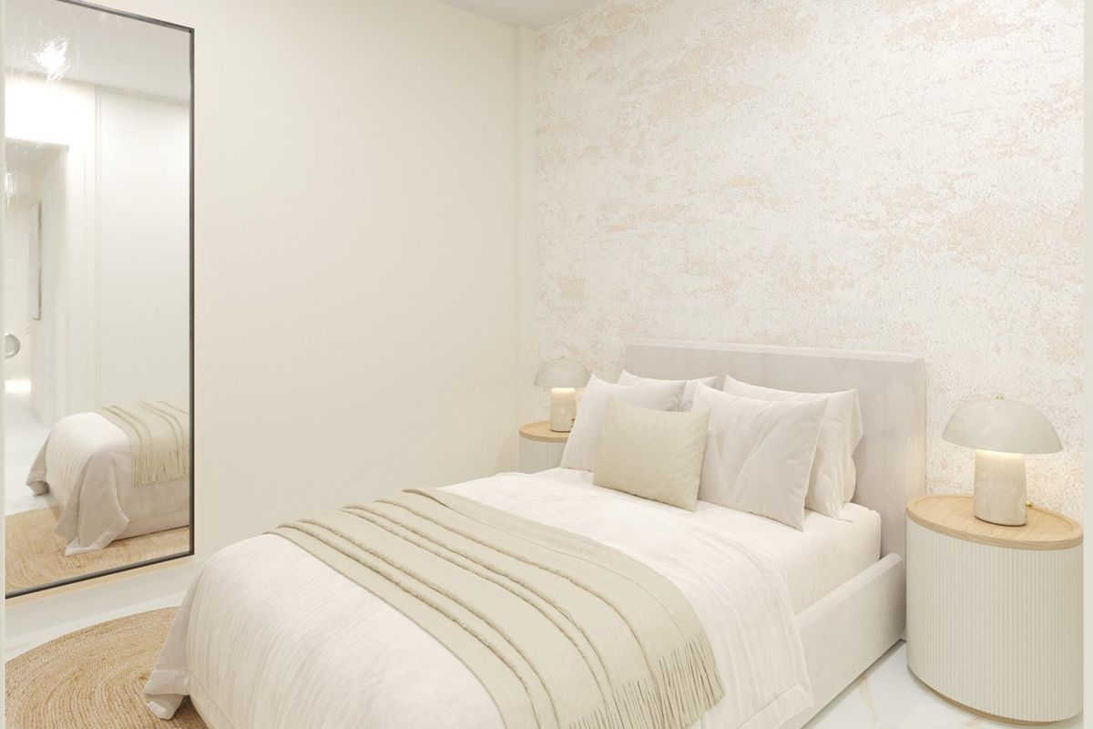 Cozy bedroom interior in a 3-bed townhouse in Dolores, Costa Blanca South, featuring neutral colors and modern furnishings.