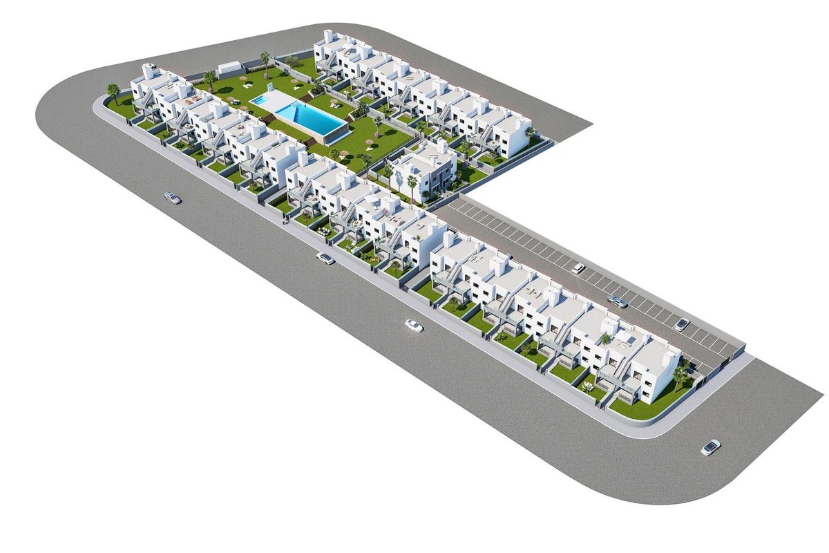 Luchtlay-out van het appartementencomplex in San Miguel de Salinas met een centraal zwembad en aangelegde tuinen.