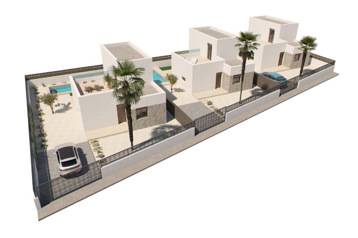 Perspectiefweergave van een modern villa-indeling met tuinen en zwembaden in Algorfa, Costa Blanca Zuid, Spanje.