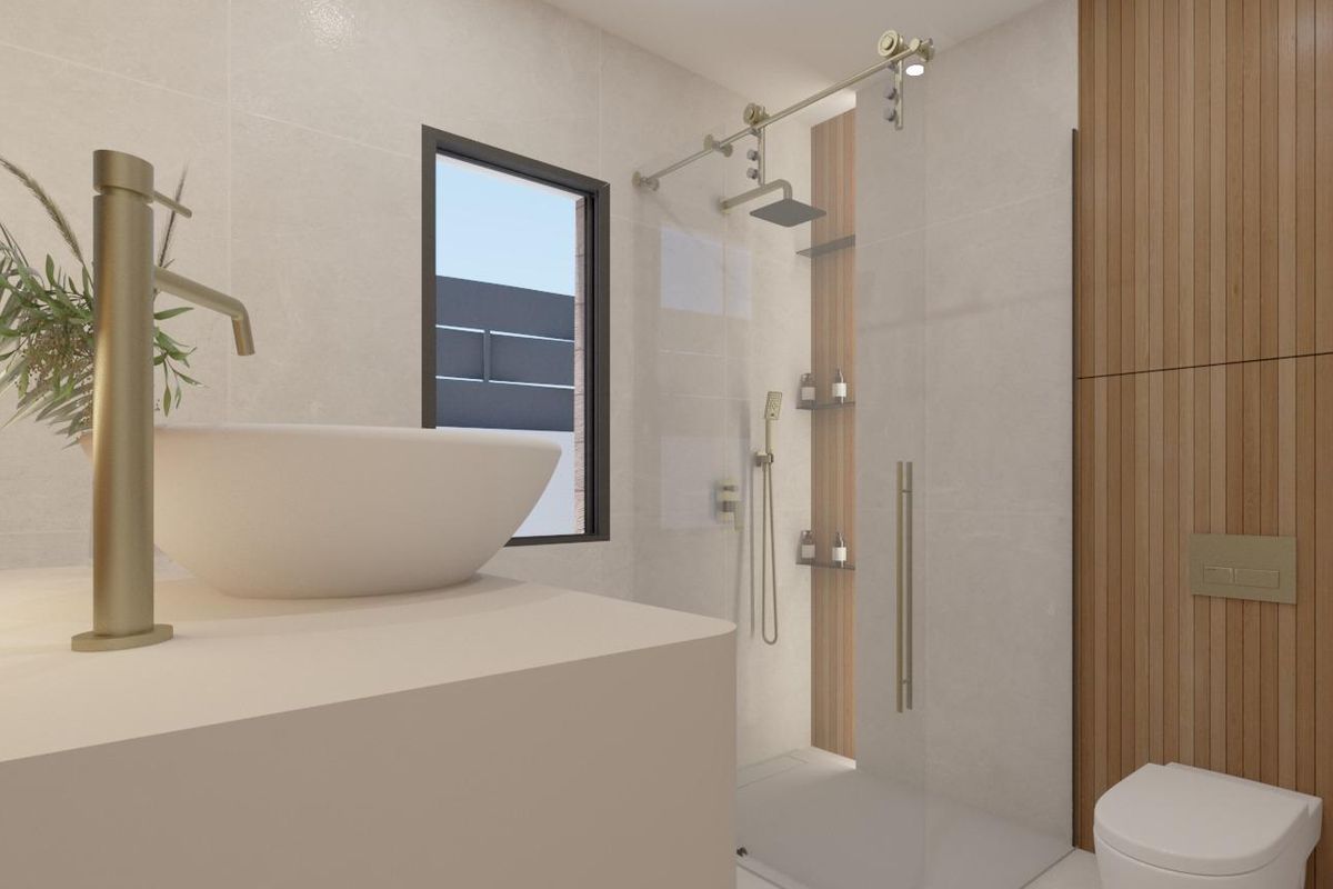 Sleek shower area showcasing stylish fixtures in the bathroom of a Pinoso 3-bed villa.
