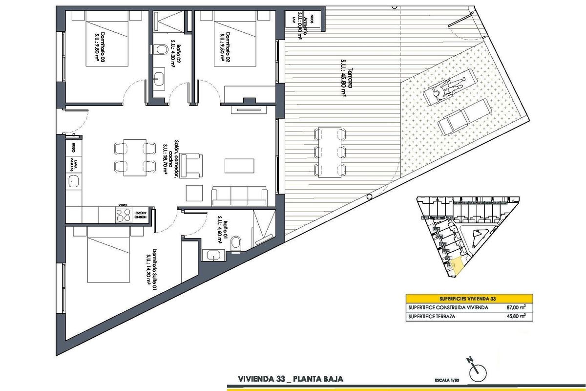 Plattegrond van een 3-slaapkamer appartement op de begane grond toont de indeling in San Fulgencio, Costa Blanca, Spanje.