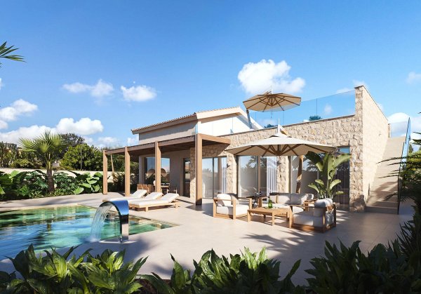 Ontspannen terras met uitzicht op het zwembad van een 3-slaapkamer villa in Cabo de Palos, Costa Calida.