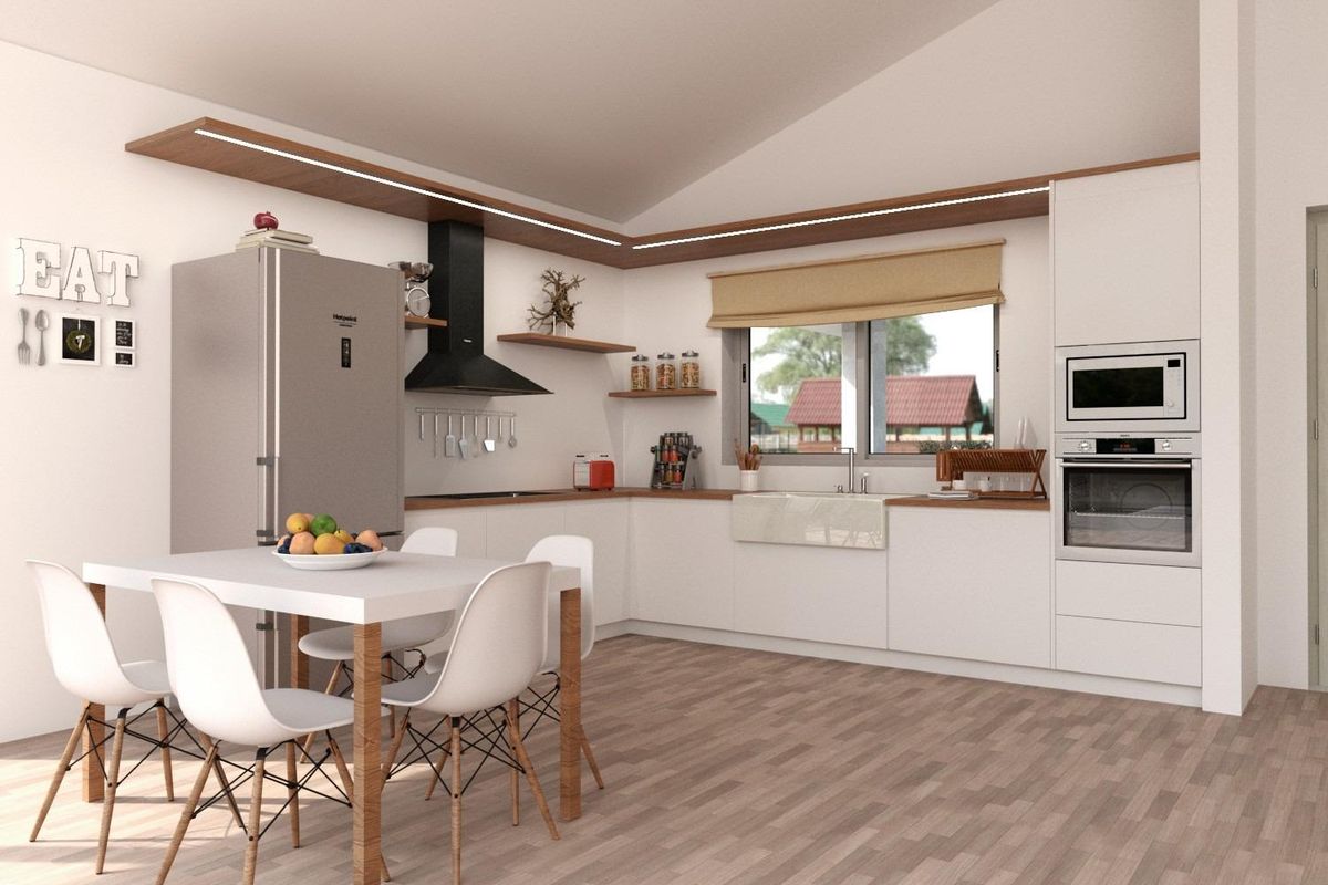 Moderne keuken in de villa met een eettafel en stijlvolle apparaten, gelegen in Moratalla.