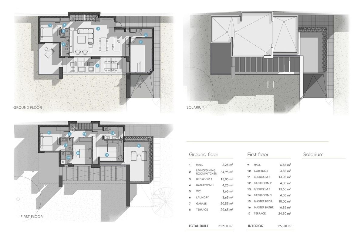 Plattegrond van een 4-slaapkamer villa in Mijas, Costa del Sol, met indeling van de begane grond en eerste verdieping.