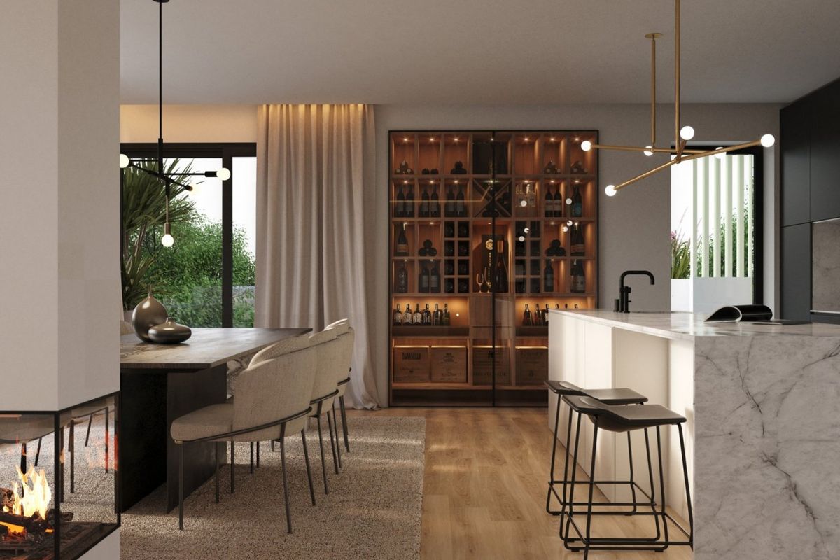 Moderne keuken en eetgedeelte met elegant design, gelegen in een luxe 3-slaapkamer penthouse in Orihuela, Costa Blanca.