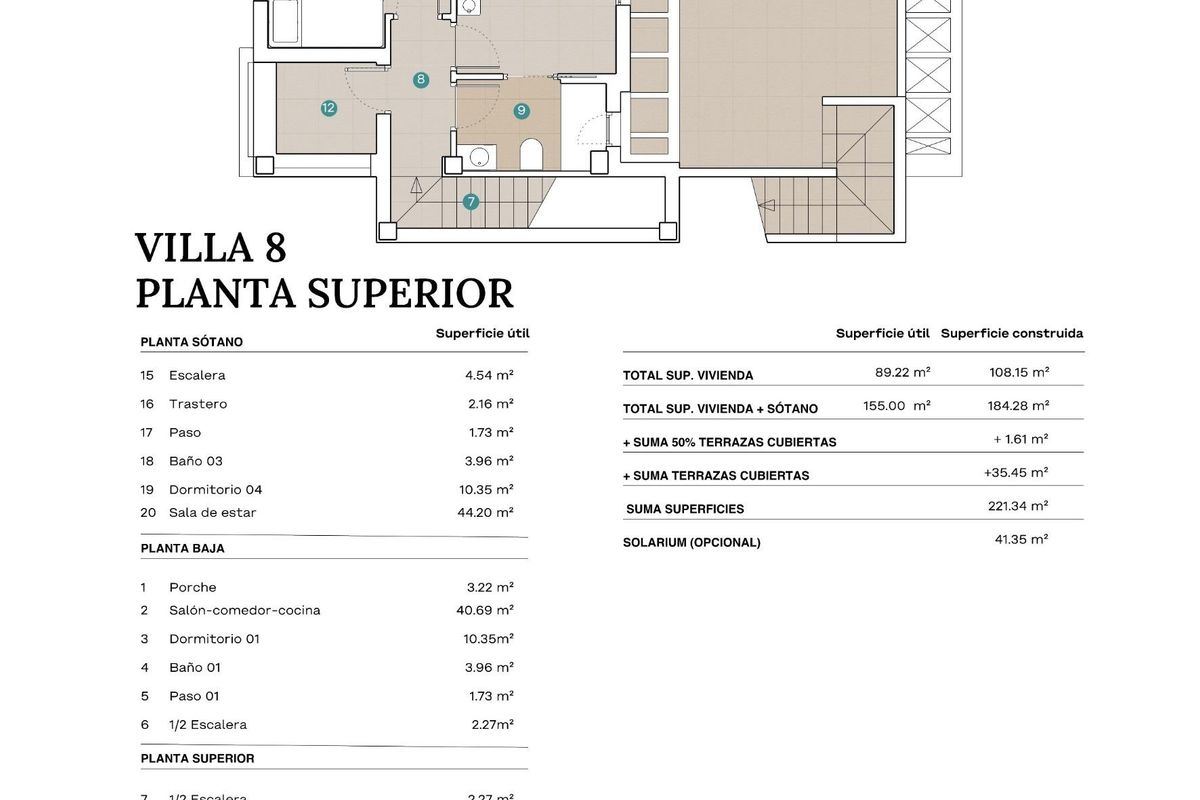 Bovenste plattegrond van een 4-slaapkamer villa in Polop, met details van bovenste woonruimtes en slaapkamers.