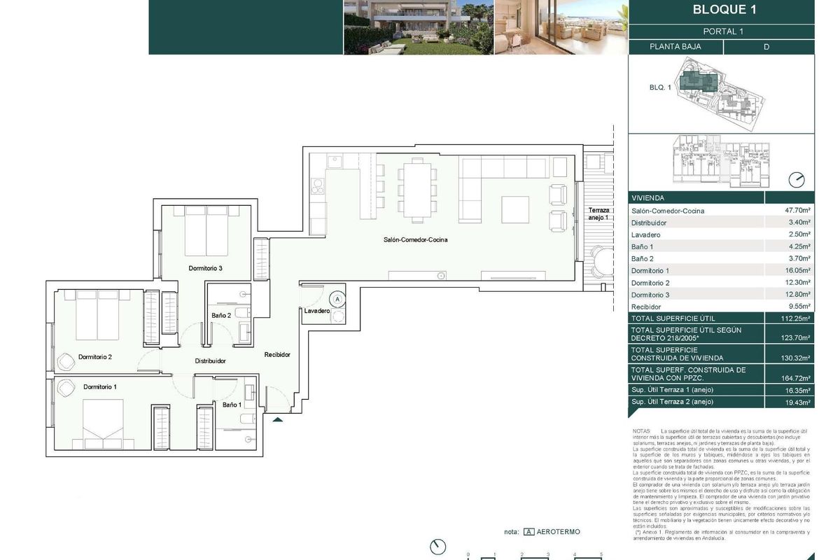 Gedetailleerde plattegrond van een 3-slaapkamer gelijkvloers appartement in Estepona, met indeling en afmetingen.