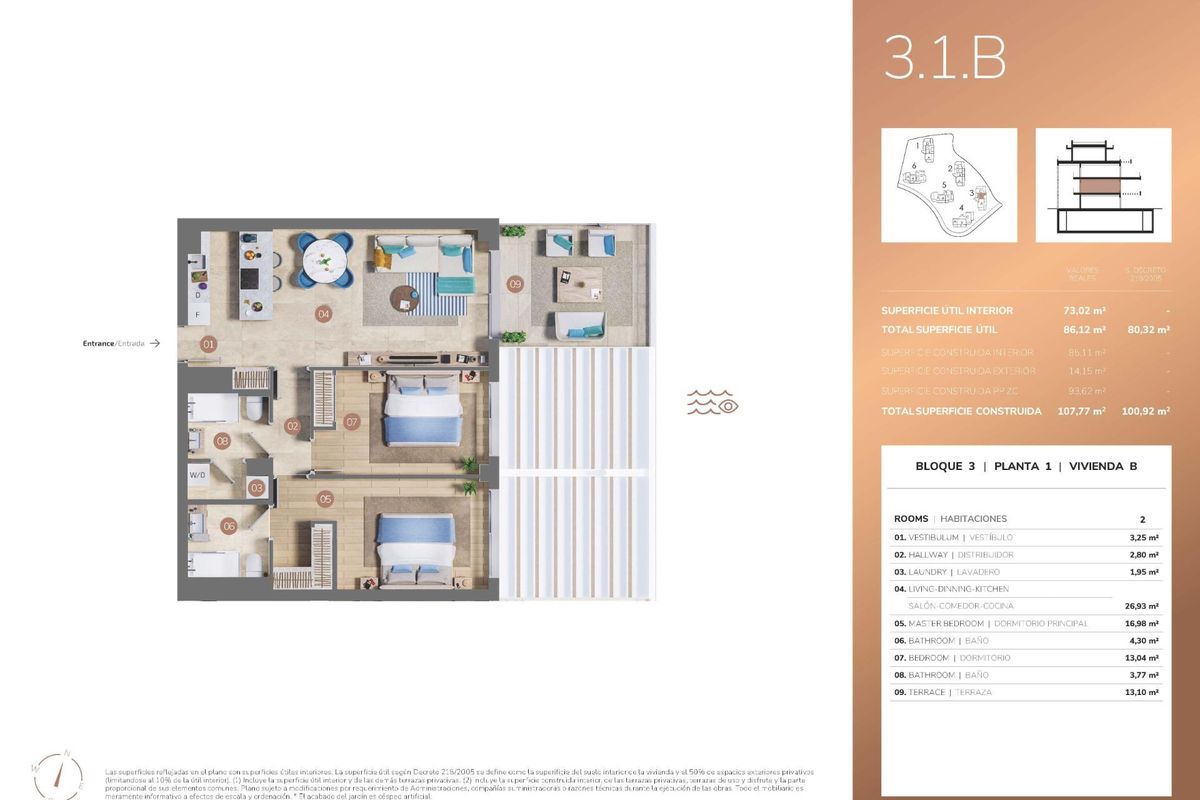 Gedetailleerde plattegrond van een 2-slaapkamer appartement die moderne indeling en voorzieningen in Mijas toont.