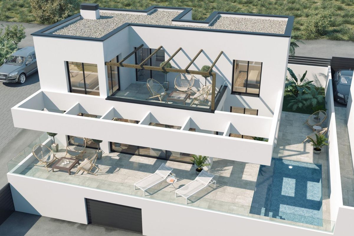 Luchtview van een stijlvolle 3-slaapkamer villa in Finestrat, met terras en zwembad.