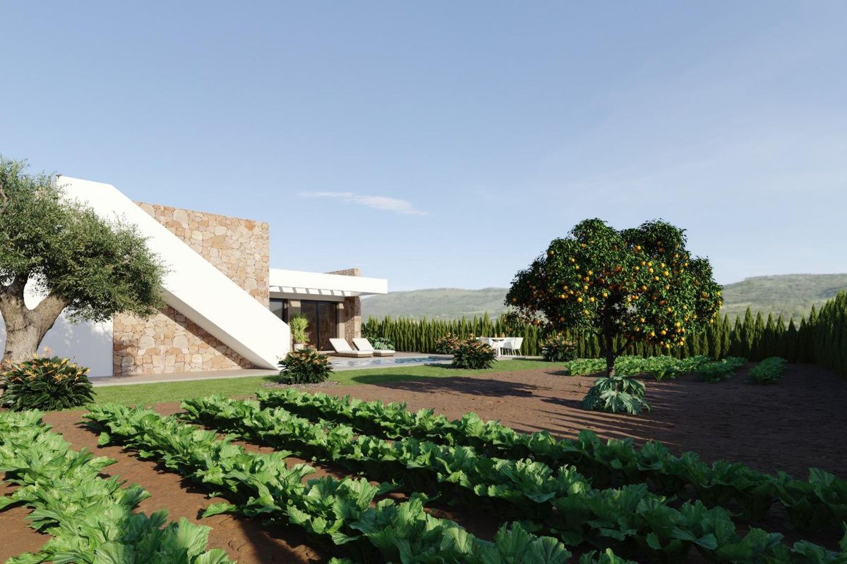 Buitenzicht op een 3-slaapkamer villa in Fuente Álamo met een zwembad, tuin en schilderachtig landschap.