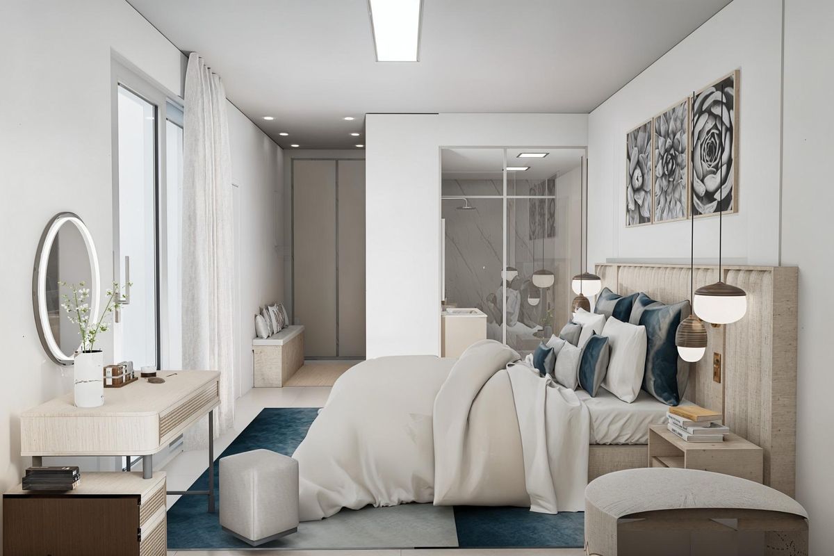 Moderne slaapkamer in een 3-slaapkamer townhouse in Los Alcazares, met elegante inrichting en natuurlijk licht.