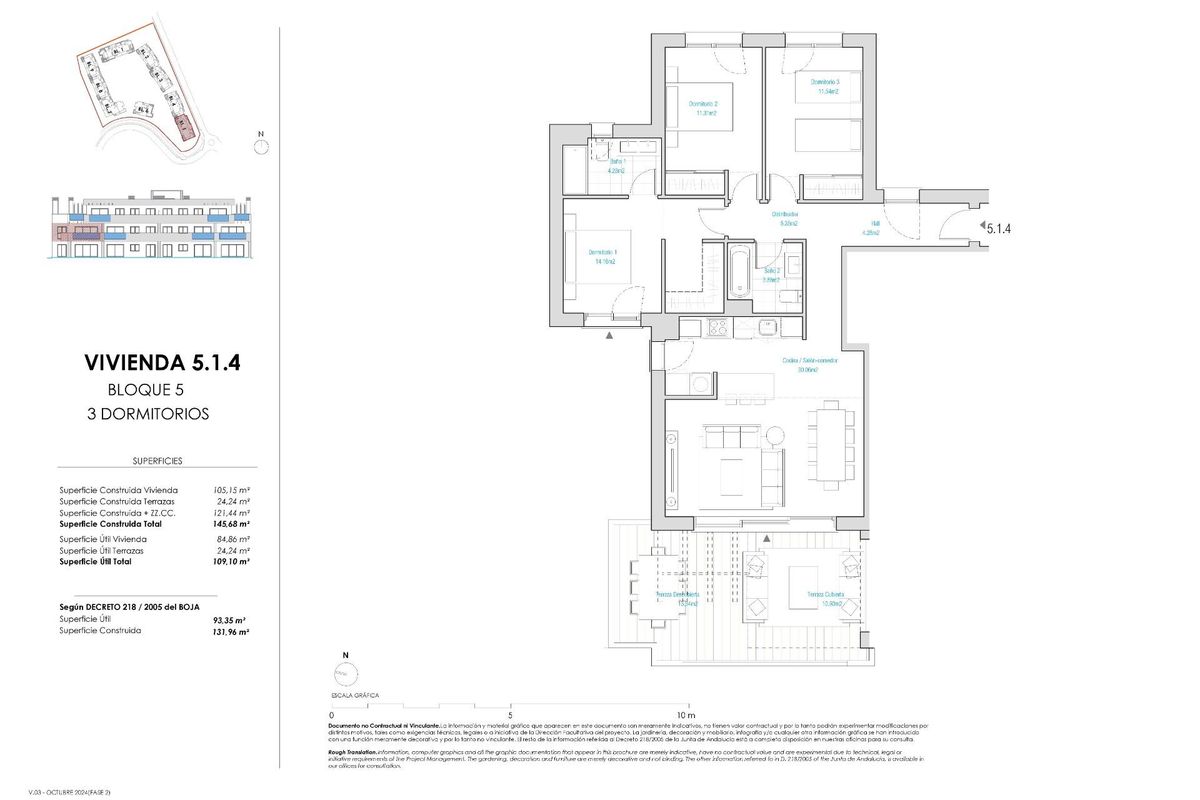 Vloerplan van een 3-slaapkamerappartement in Casares, Costa del Sol, met indeling en afmetingen van de kamers.