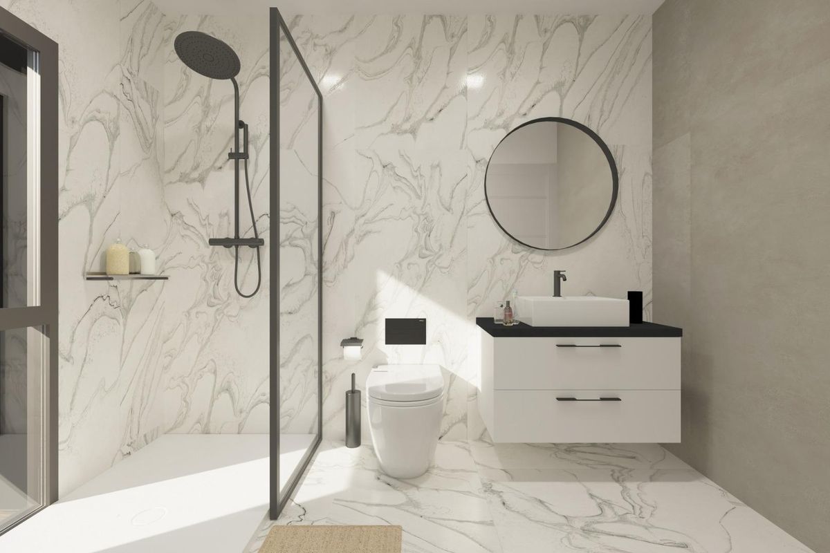 Luxueuze badkamer in een 3-slaapkamer villa in Torrevieja, Costa Blanca Zuid, met moderne afwerkingen.