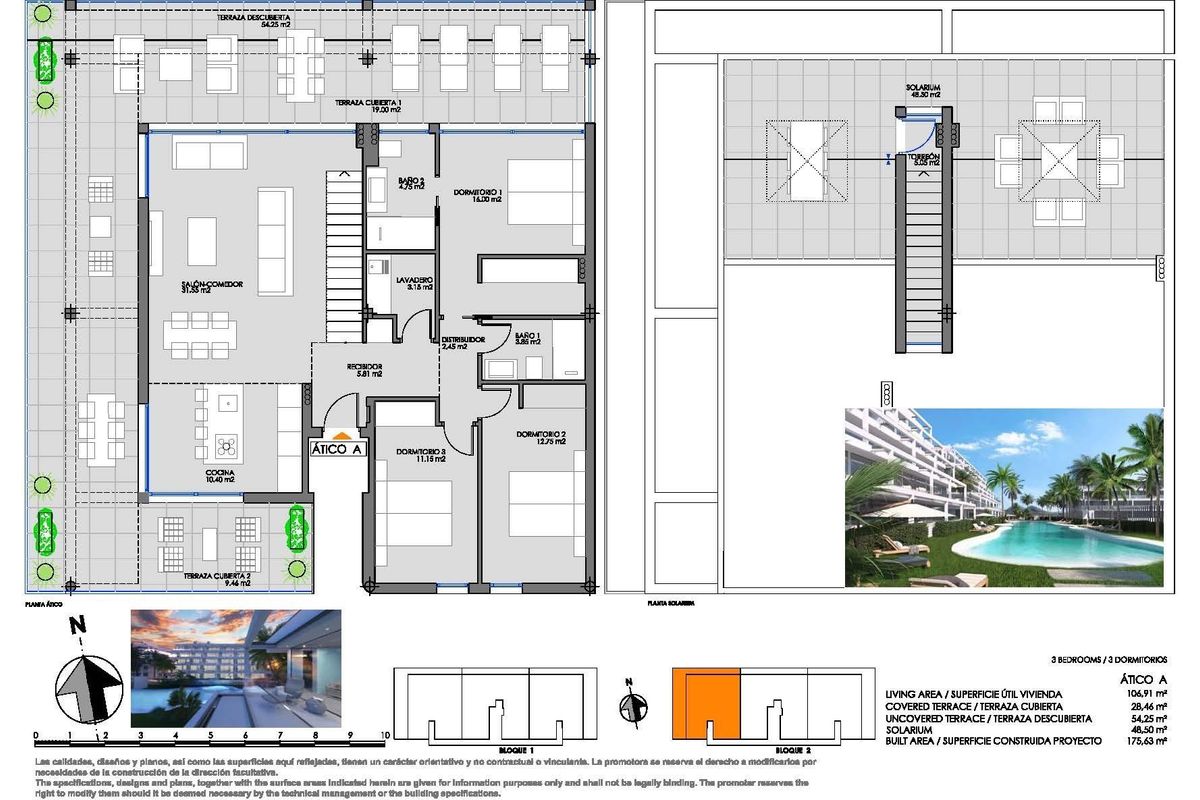 Gedetailleerde plattegrond van een 3-slaapkamer penthouse in Cartagena, met nadruk op indeling en voorzieningen.