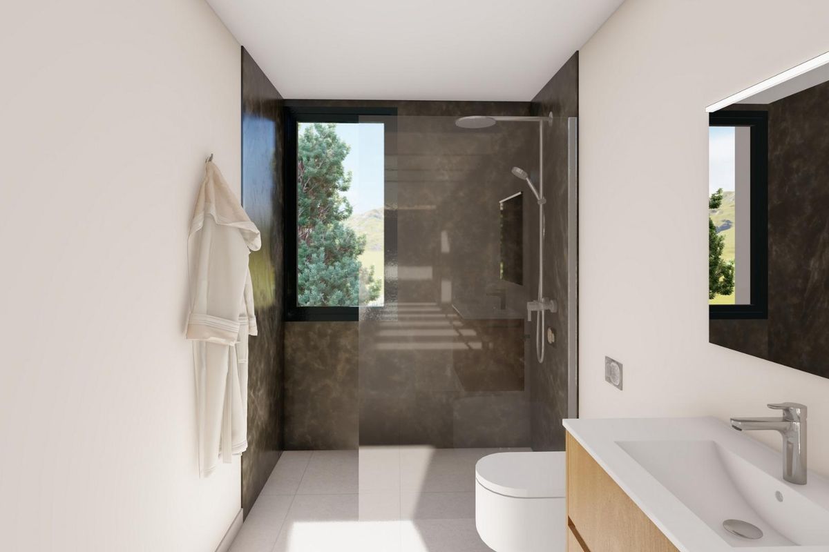 Contemporary badkamer met elegante materialen en natuurlijk licht, onderdeel van een villa in Yecla.