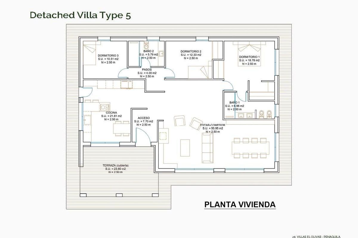 Plattegrond van een 3-slaapkamer villa in Penaguila, Costa Blanca Noord, met de indeling van de kamers.