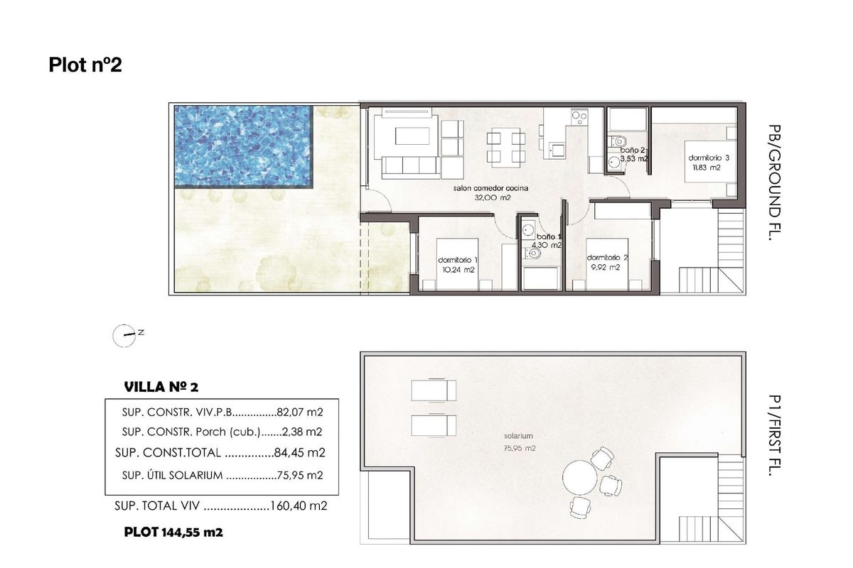 Plattegrond van een 3-slaapkamer townhouse met woonruimte en terras in Pilar de La Horadada, Costa Blanca Zuid.