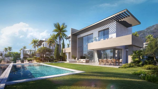 Prachtige villa in Mijas met een zwembad en tuin, moderne architectuur en palmbomen.