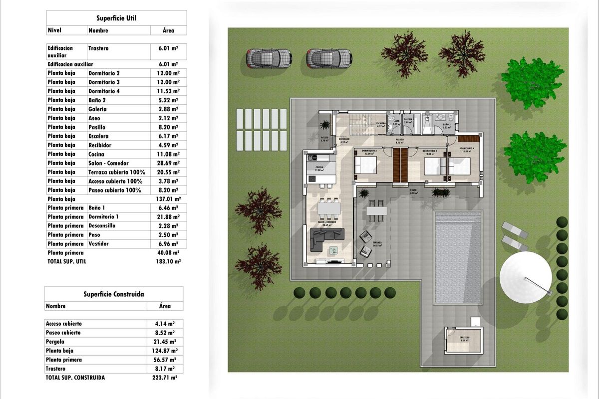 Plattegrond van de villa met indeling van vier slaapkamers en open woonruimtes in Aspe.