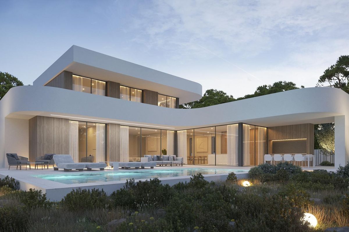 Moderne 4-slaapkamer villa in Moraira, Costa Blanca, met een strakke buitenkant en zwembadgebied.
