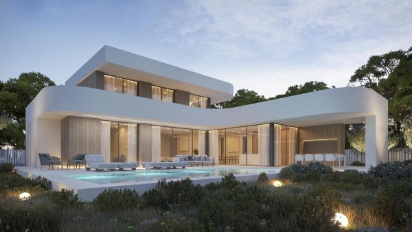 Moderne 4-slaapkamer villa in Moraira, Costa Blanca, met een strakke buitenkant en zwembadgebied.