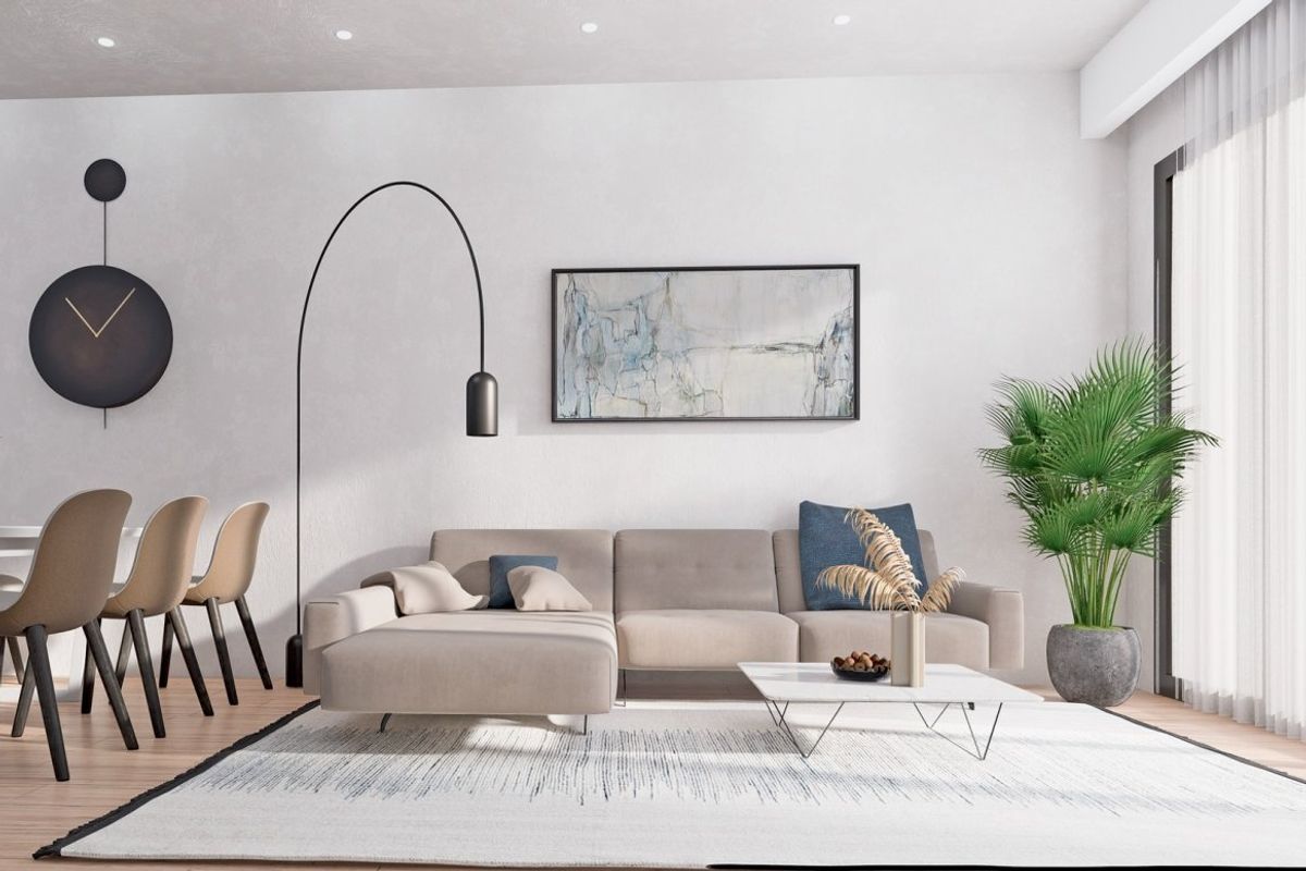 Gezellige woonkamer in een 2-slaapkamer bungalow, met moderne decoraties en natuurlijk licht in Torrevieja.