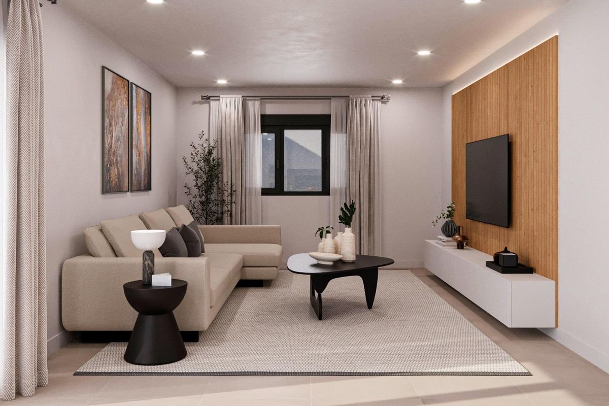 Stijlvolle woonkamer van de villa, met een comfortabele bank en moderne decoratie in Fuente Álamo.