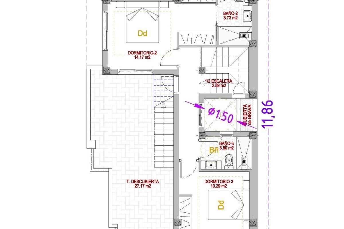 Plattegrond van de eerste verdieping met slaapkamers in een villa in Finestrat, Costa Blanca Noord.