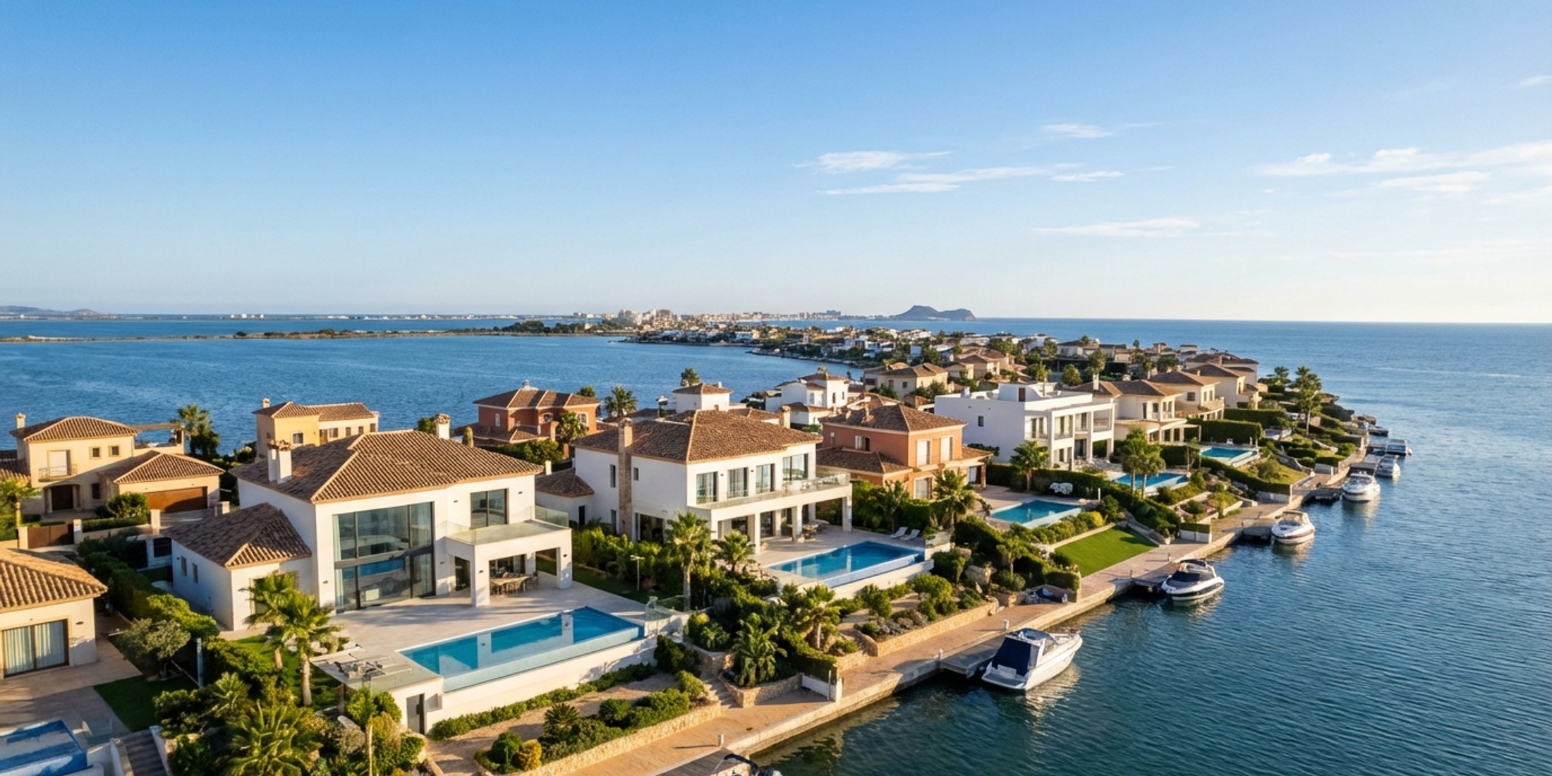 Luftaufnahme der Küste des Mar Menor und Luxusvillen in Murcia, Spanien