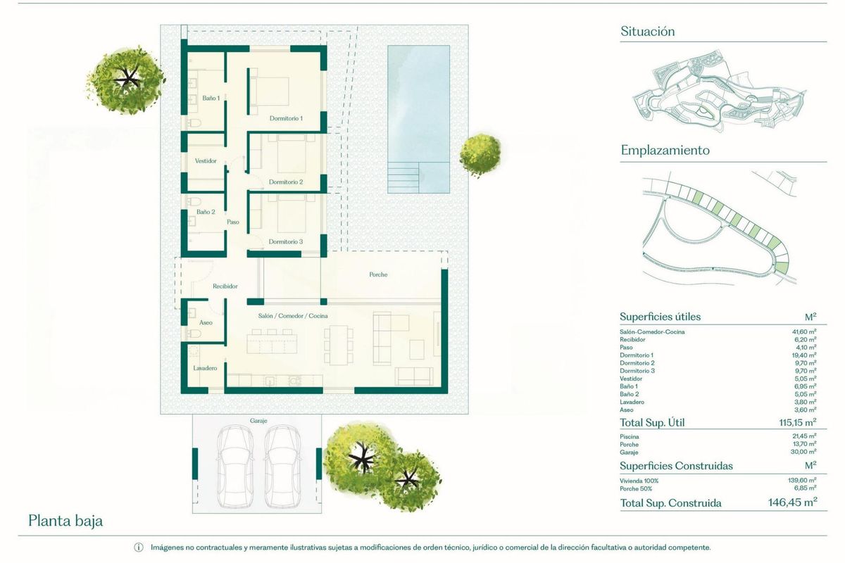 Plattegrond van een moderne 3-slaapkamer villa-indeling met kamers en garage, gelegen in Costa Calida.