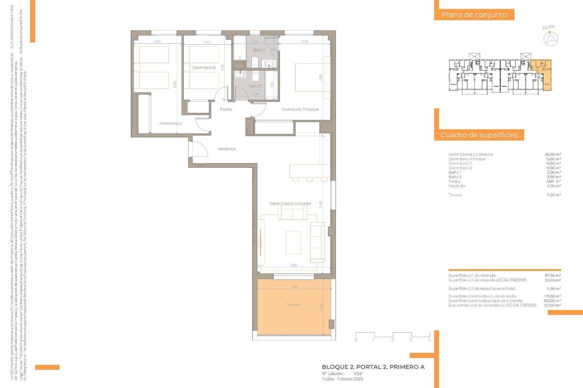 Plattegrond van een 3-slaapkamer appartement in Mijas, Costa del Sol, die de indeling en ruime opzet laat zien.