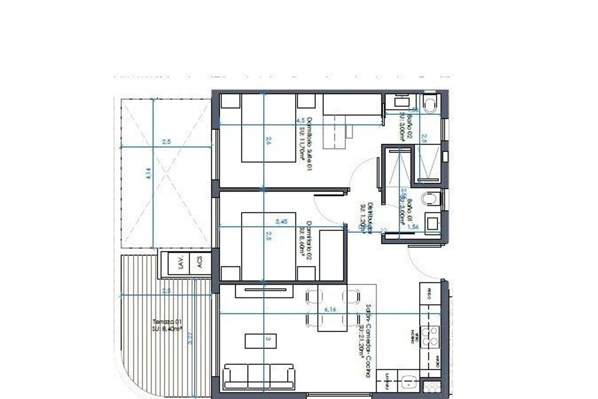 Plattegrond van een 2-slaapkamer appartement in Guardamar del Segura, met indeling en afmetingen van de ruimtes.