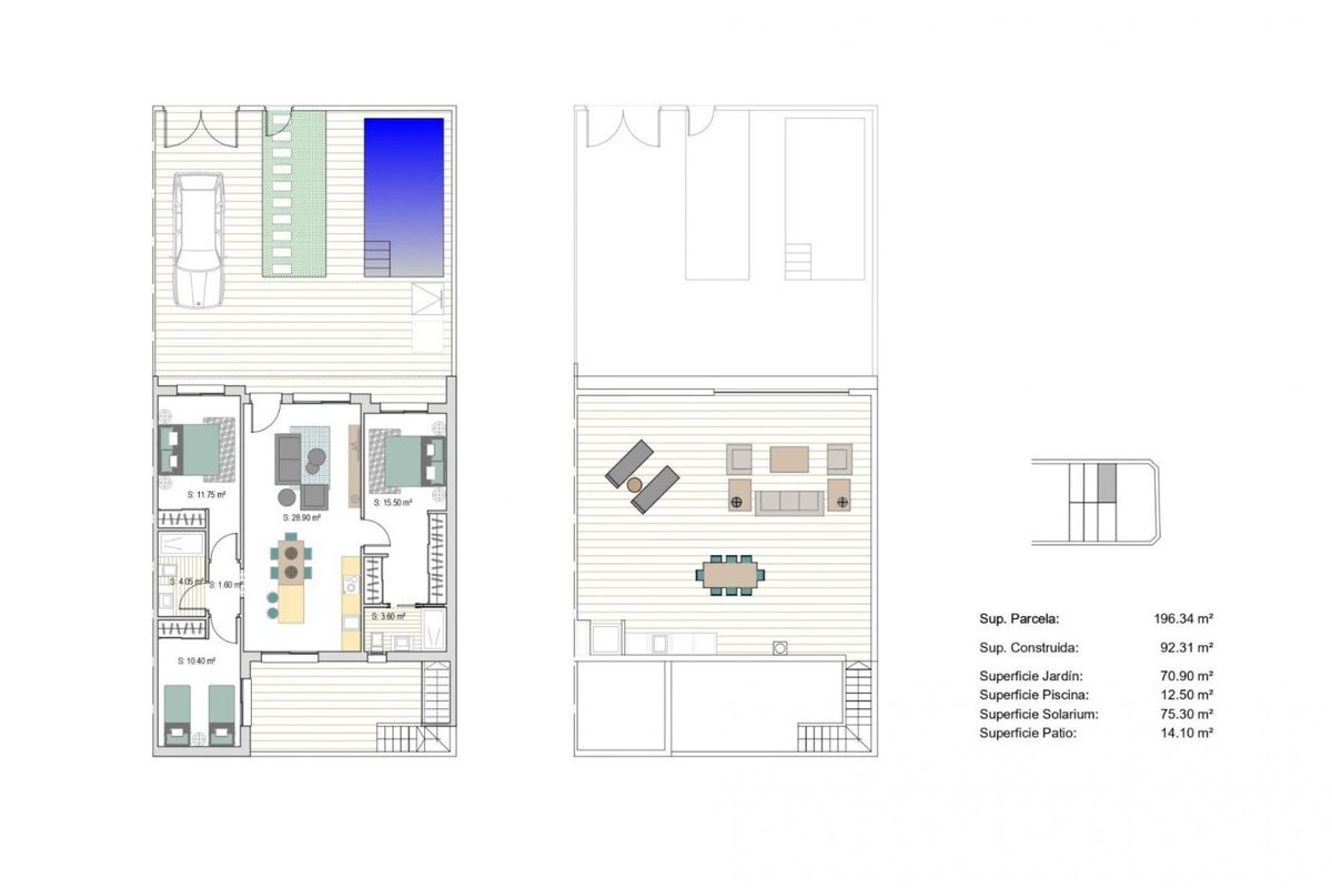 Plattegrond van de townhouse met indeling en afmetingen, gelegen in San Javier, Costa Calida, Spanje.