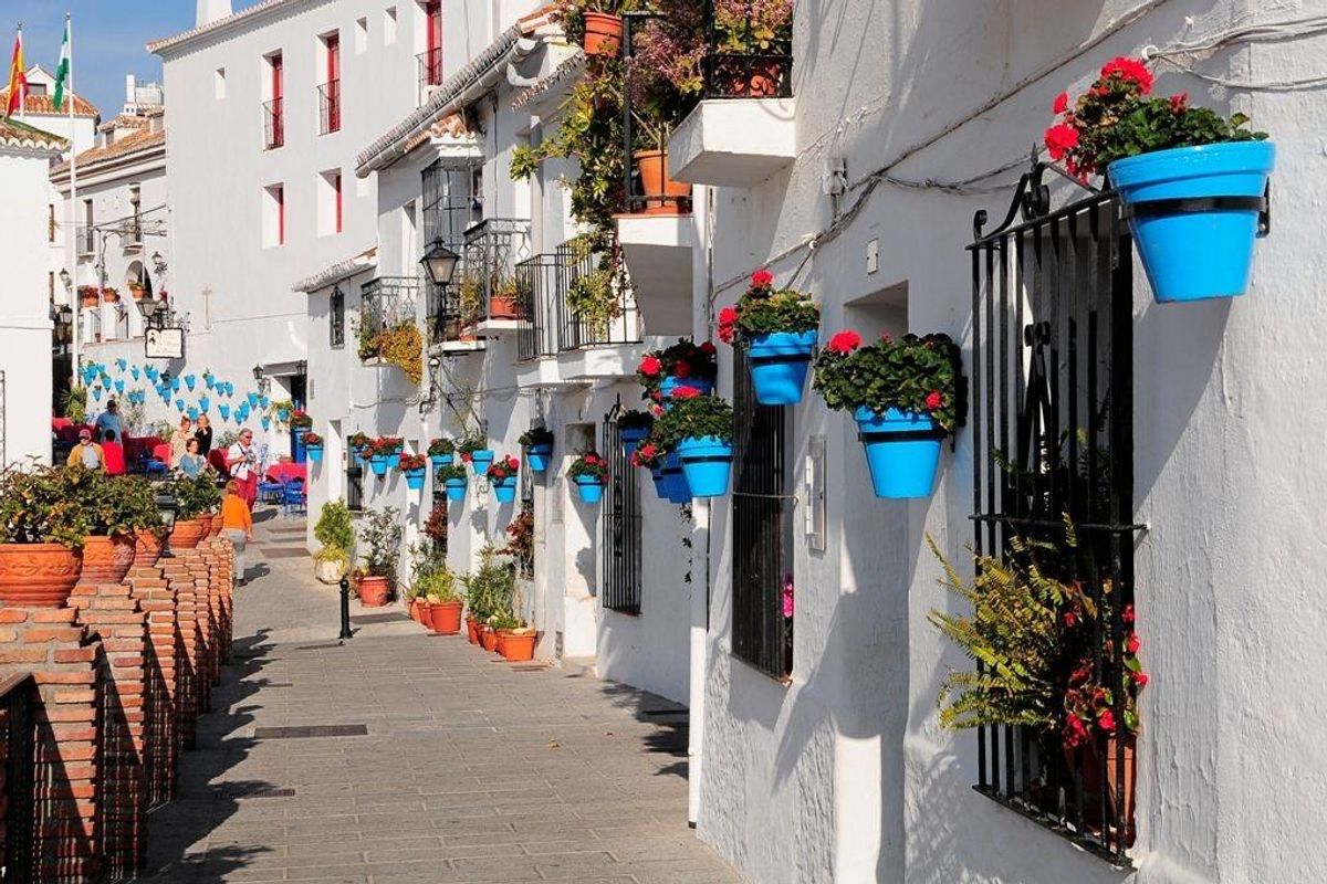 Sfeervolle straat in Mijas versierd met blauwe bloempotten, die de lokale cultuur en kleurrijke architectuur laat zien.