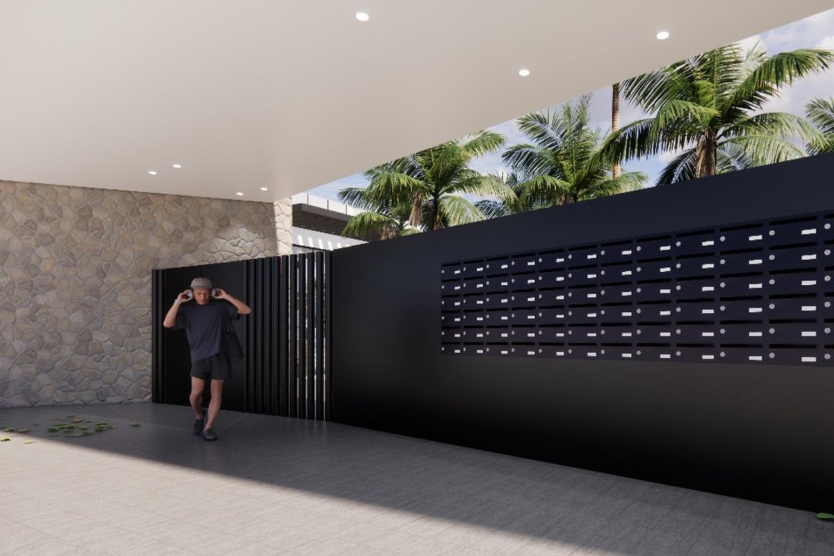 Moderne brievenbusruimte bij de ingang van een wooncomplex in Torrevieja.