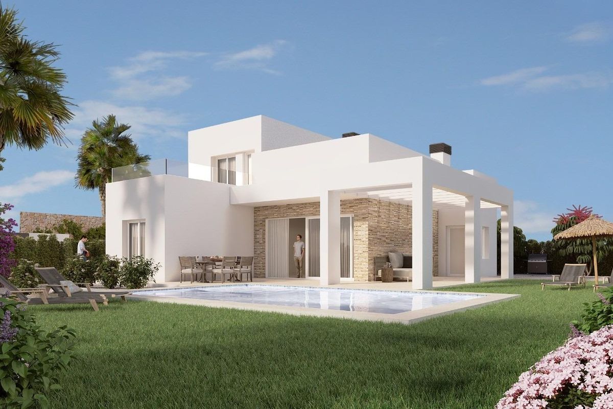 Buitenkant van een moderne villa met 4 slaapkamers, zwembad en tuin in Algorfa, Costa Blanca Zuid.