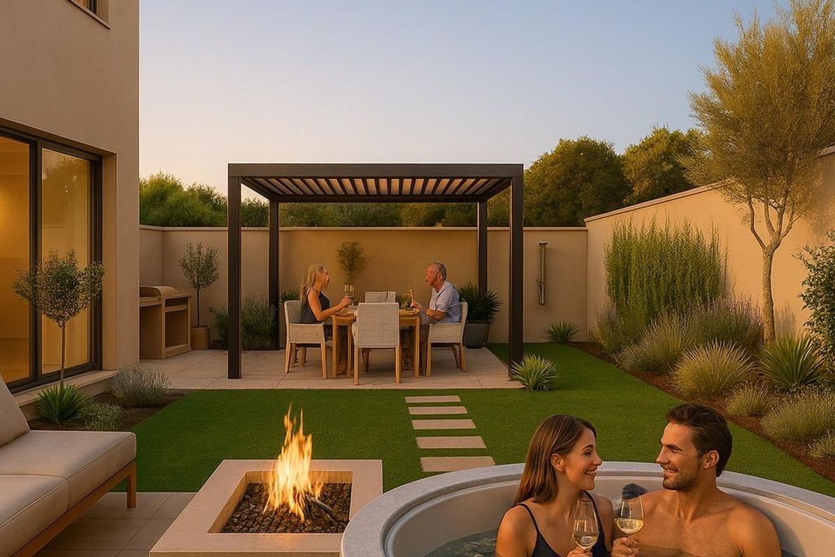 Tuin met jacuzzi en eethoek bij een herenhuis in Mijas, Costa del Sol, Spanje. Ontspannende buitenlevensstijl.