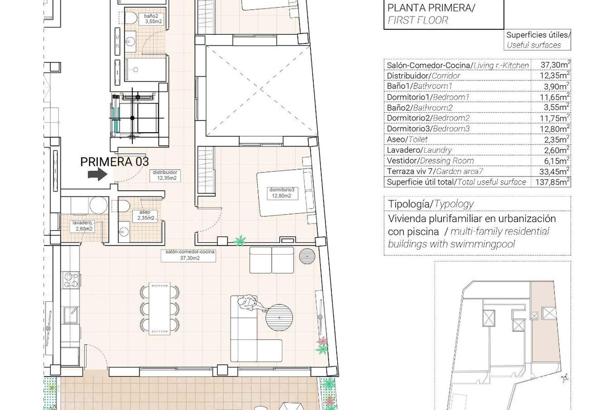 Gedetailleerde plattegrond van een 3-slaapkamer appartement in Hondón de las Nieves, die indeling en ruimte toont.